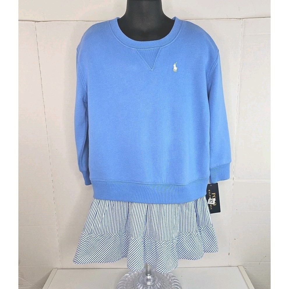 Polo Ralph Lauren Girl's Blue Fleece & Seersucker Sweatshirt Dress Size 5 Nwt's